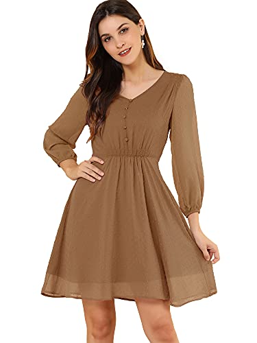 Allegra K Damen Elastische Taille V Ausschnitt 3/4 Ärmel A-Linie Solid Flowy Chiffon Kleid - Beige - Mittel von Allegra K