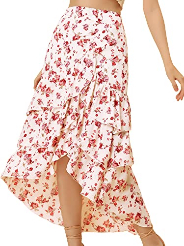 Allegra K Damen Elastischer Taillen Rüschen Rock A Linie Blumenmuster Maxi Stufenrock Cremeweiß S von Allegra K