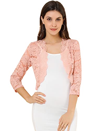 Allegra K Damen Elegant 3/4 Ärmel Sheer Floral Lace Shrug Top, Helles Pink, X-Klein von Allegra K