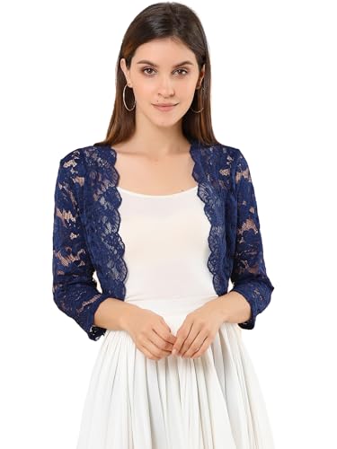 Allegra K Damen Elegant 3/4 Ärmel Sheer Floral Lace Shrug Top, Marineblau, X-Klein von Allegra K