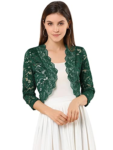 Allegra K Damen Spitzen Shrug Vorne Offen Hochzeit Bolero Strickjacke Festlich 3/4 Ärmel Crop Cardigan Dunkelgrün L von Allegra K