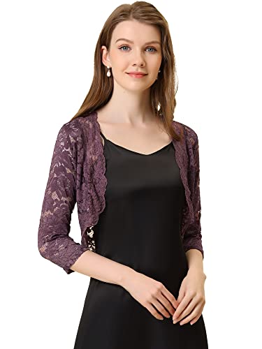 Allegra K Damen 3/4 Ärmel Crop Shrug Cardigan Hochzeit Festlich Spitzen Bolero Vorne Offen Strickjacke Grau Lila L von Allegra K