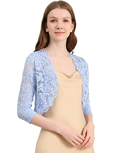 Allegra K Damen Spitzen Shrug Vorne Offen Hochzeit Bolero Strickjacke Festlich 3/4 Ärmel Crop Cardigan Hellblau S von Allegra K