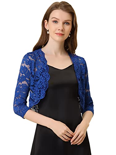 Allegra K Damen Spitzen Shrug Vorne Offen Hochzeit Bolero Strickjacke Festlich 3/4 Ärmel Crop Cardigan Kobaltblau L von Allegra K