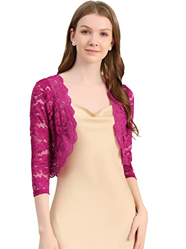 Allegra K Damen Spitzen Festlich Bolero 3/4 Ärmel Hochzeit Strickjacke Vorne Offen Crop Cardigan Shrug Maulbeere S von Allegra K