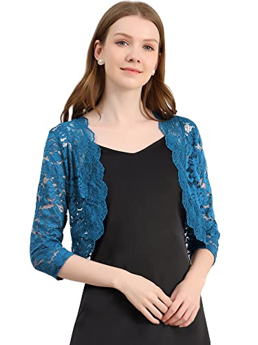 Allegra K Damen Spitzen Shrug Vorne Offen Hochzeit Bolero Strickjacke Festlich 3/4 Ärmel Crop Cardigan Blauer See S von Allegra K