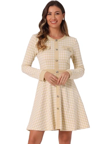 Allegra K Damen Elegant A-Linien Kleid Hahnentrittmuster Kontrastfarbe Rundhalsausschnitt Mini Kleid Aprikose M von Allegra K