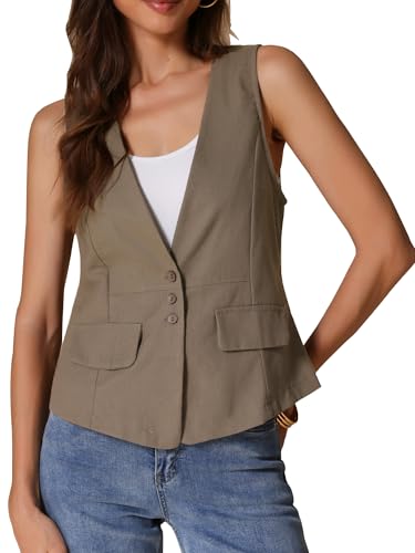 Allegra K Damen Elegant Anzugweste Locker Ärmellos Blazer Leinen Leichte Jacke Business Weste Khaki S von Allegra K
