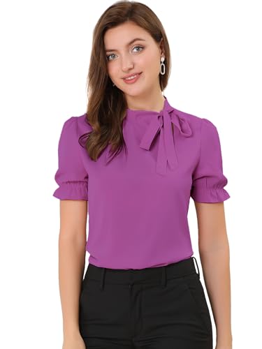 Allegra K Damen Elegant Bluse Kurzarm Panel Fliege Hals Rüschen Einfarbig Top Magenta L von Allegra K