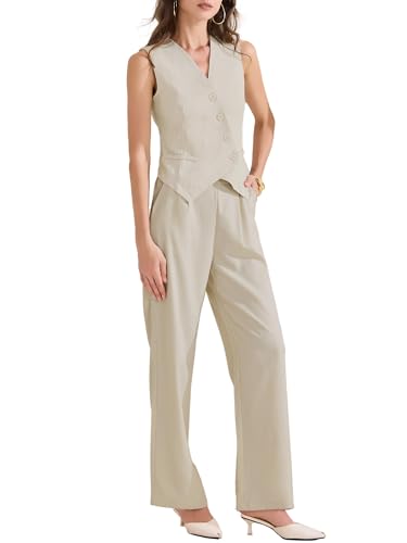 Allegra K Damen Elegant Business Hosenanzug mit Weste Zweiteiliges Outfit Ärmelloser Blazer Anzugweste Weite Hose Sets Beige XL von Allegra K