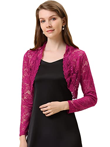 Allegra K Damen Elegant Crop Cardigan Sheer Floral Spitze Bolero Shrug Top, Fuchsia, Klein von Allegra K