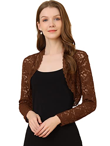 Allegra K Damen Elegant Crop Cardigan Sheer Floral Spitze Bolero Shrug Top, braun, Groß von Allegra K