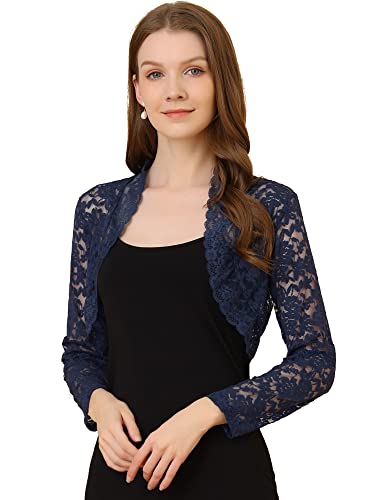 Allegra K Damen Elegant Crop Cardigan Sheer Floral Spitze Bolero Shrug Top, dunkelblau, Mittel von Allegra K