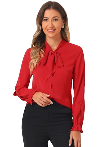 Allegra K Damen Elegant Fliege Ausschnitt Bluse Rüschen Langarm Arbeit Chiffon Hemd Top, rot, M von Allegra K