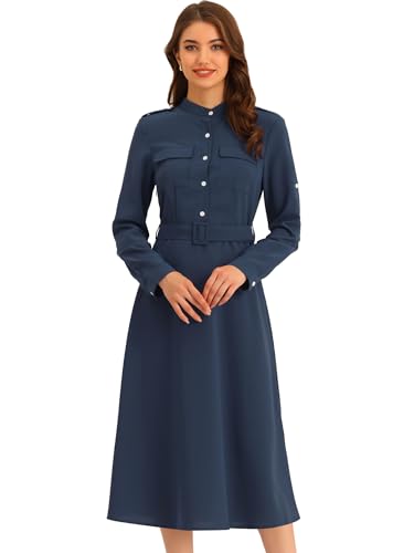 Allegra K Damen Elegant Maxikleid Knopfleiste Bandkragen Arbeit Kleid mit Gürtel Navy blau L von Allegra K