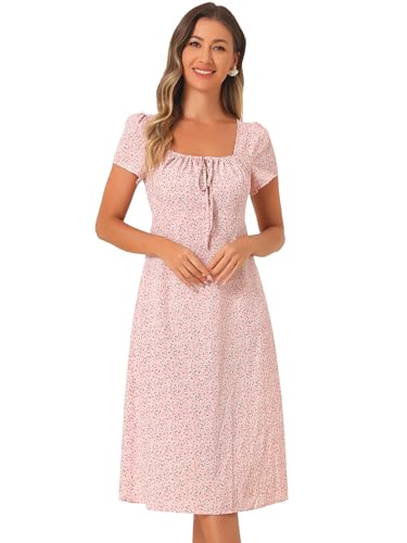 Allegra K Damen Elegant Midikleid Blumen Quadratischem Ausschnitt Kordelzug Sommerkleid Rosa XL von Allegra K