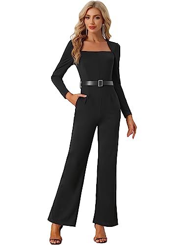 Allegra K Damen Elegant Overall Langarm Quadratischer Ausschnitt Weites Bein Lange Hose Schwarz M von Allegra K