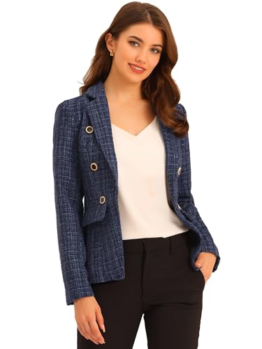 Allegra K Damen Elegant Plaid Jacke Langarm Offene Front Tweed Blazer, Dunkelblau, L von Allegra K