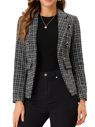 Allegra K Damen Elegant Plaid Jacke Langarm Open Front Tweed Blazer, Schwarz, M von Allegra K