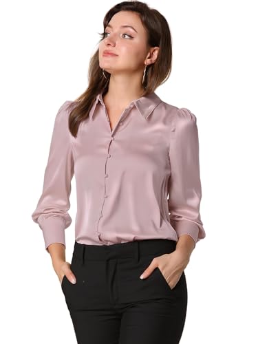 Allegra K Damen Satin Bluse Puffärmel Spitzkragen Vintage Button Up Shirt TopsRosa Lila M von Allegra K