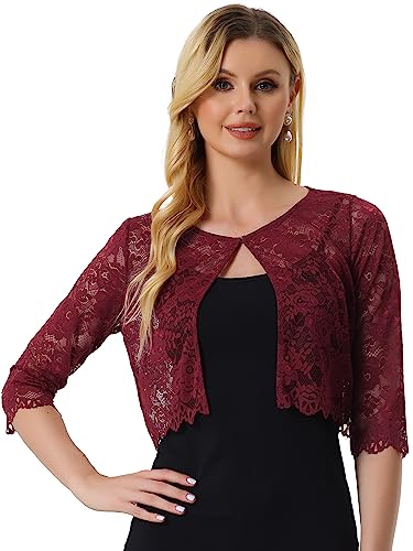 Allegra K Damen Elegant Sheer Floral Lace Shrug Top Cropped Bolero Cardigan, burgunderrot, Klein von Allegra K