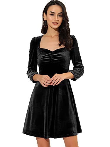 Allegra K Damen Samtkleid 3/4 Ärmel Eckiger Ausschnitt Elegant Plissee Velvet Kleid Schwarz S von Allegra K