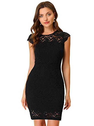 Allegra K Damen Elegant Stretch Strick Flügelärmel Arbeit Blumen Spitze Bodycon Kleid, Schwarz , 38 von Allegra K