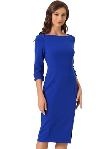 Allegra K Damen Elegant U-Boot-Ausschnitt 3/4 Ärmel Midi Split Etuikleid, königsblau, L von Allegra K