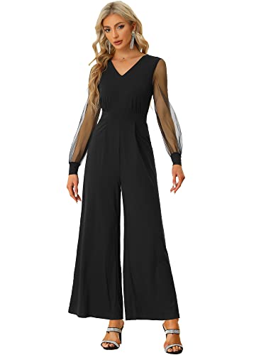 Allegra K Damen Elegant V Ausschnitt Mesh Langarm Lose Weite Bein Strampler Party Jumpsuits, Schwarz, S von Allegra K