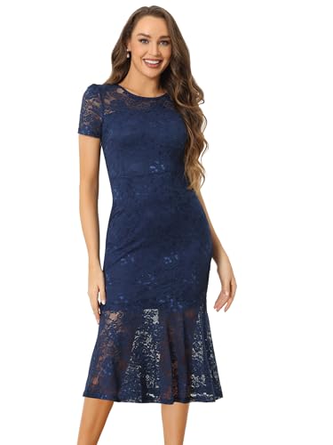 Allegra K Damen Elegante Blumen Spitze Kleid Kurzärm Rüschen Meerjungfrau Bodycon Cocktail Party Kleid Dunkelblau L von Allegra K