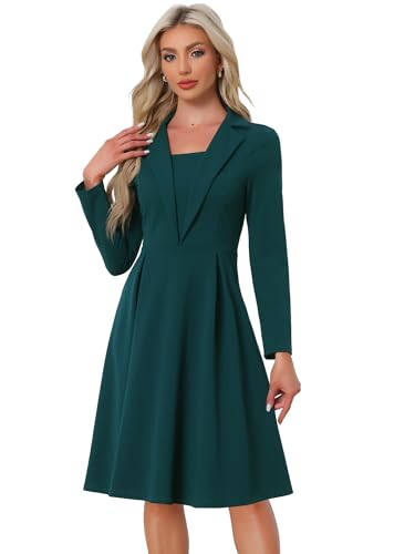 Allegra K Damen Elegante Bürokleider Quadratischer Ausschnitt Langarm Plissiertes A-Linien Kleid See Grün XL von Allegra K