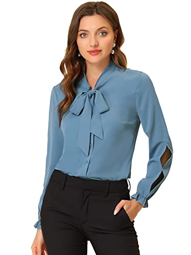 Allegra K Damen Elegante Fliege Rüschen Langarm Arbeits Chiffon Hemd Oberteil Bluse Grau Blau M von Allegra K