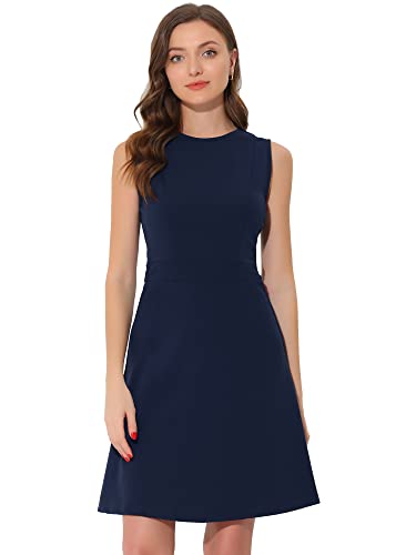 Allegra K Damen Elegant Kleid A Linie Rundhals Ausschnitt Sommerkleid Casual Minikleid Dunkelblau L von Allegra K