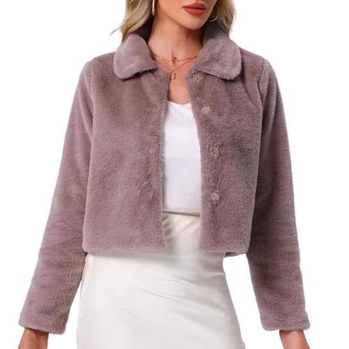 Allegra K Damen Elegante Kunstpelz Mantel Kurz mit Druckknopf Winter Hochzeiten Flauschige Fell Jacken Altrosa XS von Allegra K