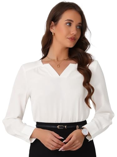 Allegra K Damen Elegante Langarm Hemden V-Ausschnitt Business Arbeit Blusen Modisches Outfit Cremeweiß L von Allegra K