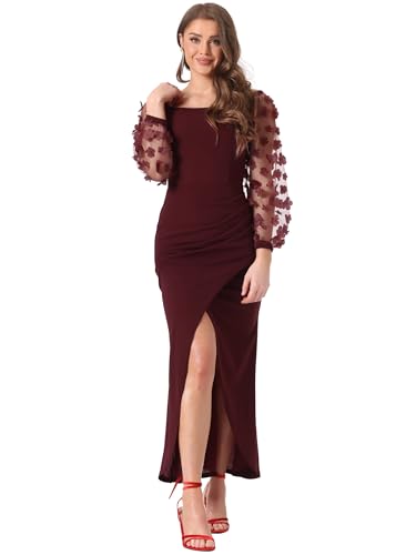 Allegra K Damen Elegante Schulterfreies Cocktailkleid mit Langarm Figurbetontes Rüschen Midikleid mit Schlitz Weinrot XS von Allegra K
