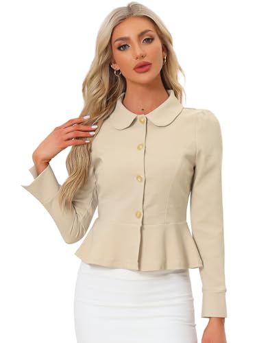 Allegra K Damen Eleganter Blazer Schößchen Bubikragen Rüschen Büroarbeit Bluse Beige XL von Allegra K