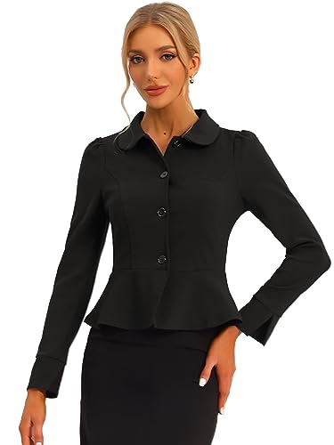 Allegra K Damen Eleganter Blazer Schößchen Bubikragen Rüschen Büroarbeit Bluse Schwarz XL von Allegra K