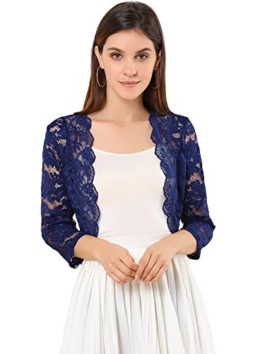 Allegra K Damen Elegantes 3/4-Ärmel Sheer Floral Lace Shrug Top, Marineblau, X-Groß von Allegra K