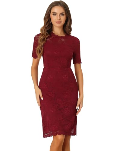 Allegra K Damen Elegantes Blumen Spitze Kleid Rundhals Kurze Ärmel Cocktail Party Kleider Dunkelrot S von Allegra K