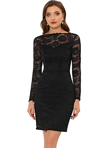 Allegra K Damen Elegantes Blumen-Spitze U-Boot-Ausschnitt Hochzeit Party Cocktail Bodycon Bleistiftkleid, Schwarz , 42 von Allegra K