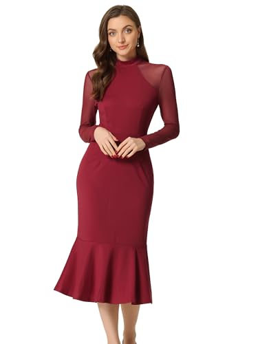 Allegra K Damen Elegantes Durchsichtiges Langärm Mermaid Kleid Dunkel Rot XL von Allegra K