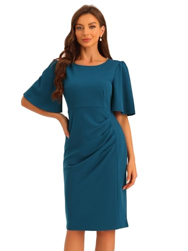 Allegra K Damen Etuikleid Elegant Rundhalsausschnitt Gerüschte Kurze Ausgestellte Ärmel Bleistiftkleid Seeblau S von Allegra K