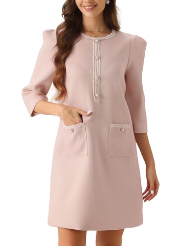 Allegra K Damen Elegantes Tweed Kleid 3/4-Ärmel Rundhals A-Linie Lockere Formelle Arbeitskleider Rosa XL von Allegra K