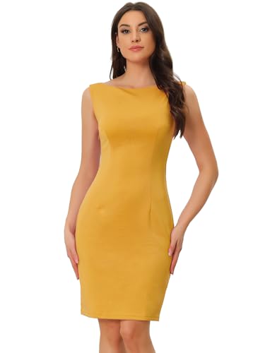 Allegra K Damen Etuikleid Ärmellos U-Boot Ausschnitt Lässig Elegant Bürokleid Kleid Orange Gelb L von Allegra K