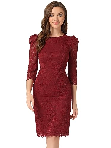 Allegra K Damen Etuikleid Cocktailkleid Business Elegant Spitze Blumenmuster Rundhals 3/4 Ärmel Figurbetont Hochzeitsgast Kleid Burgund L von Allegra K