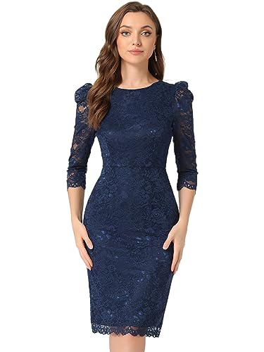 Allegra K Damen Etuikleid Cocktailkleid Business Elegant Spitze Blumenmuster Rundhals 3/4 Ärmel Figurbetont Hochzeitsgast Kleid Dunkel Blau XXL von Allegra K