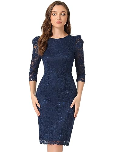 Allegra K Damen Etuikleid Cocktailkleid Business Elegant Spitze Blumenmuster Rundhals 3/4 Ärmel Figurbetont Hochzeitsgast Kleid Dunkelblau XL von Allegra K