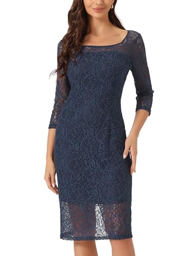 Allegra K Damen Etuikleid Elegant 3/4-Ärmeln Spitze Eckigem Ausschnitt Midi Gerader Schnitt Mini Kleid Navy Blau XL von Allegra K