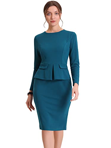 Allegra K Damen Kleid Elegant Figurbetont Bleistiftkleid Rundhalsausschnitt Schößchen Arbeit Knielang Etuikleid Blauer See L von Allegra K